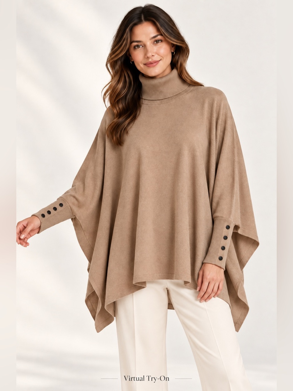 Alfani Women’s Rayon Poncho Sweater Size S Tan Turtleneck Batwing Snap Cuffs